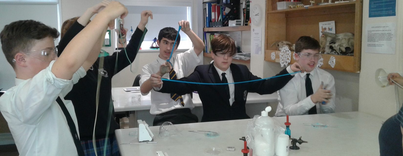students pulling a blue substance