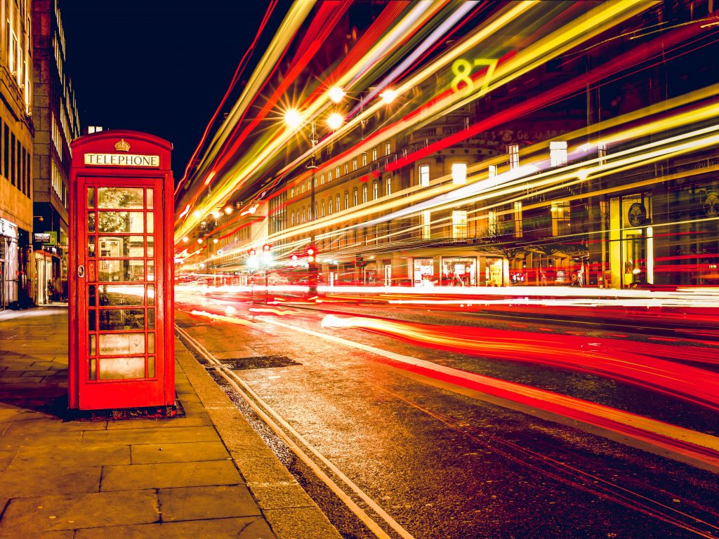 city lights and telephone box